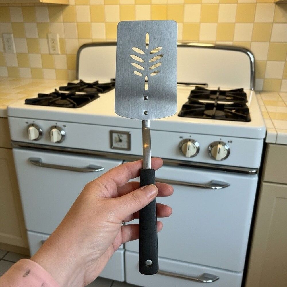 Vintage Made in Japan Metal Slotted Spatula Turner Black Handle Utensil Tool